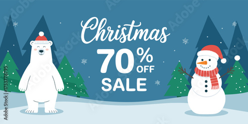 Winter scene Polar bear  snowman celebrate a 70 off Christmas sale in snowy landscape featuring festive trees  snowflakes