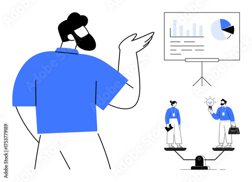 Man presenting data charts on screen, team members balancing tasks holding ideas and work tools. Ideal for leadership, teamwork, balance, data analysis, management, innovation communication. Simple