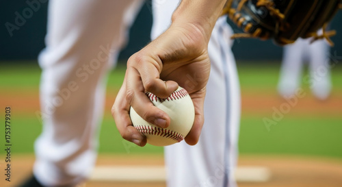 Close up of a baseball pitcher's hand holding a ball on the field