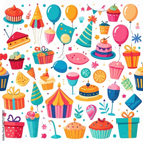 Festive Celebration Illustration with Cupcakes Balloons and Gifts on White Background