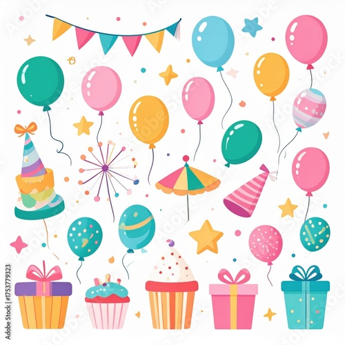 Festive Party Decorations with Balloons Presents and Confetti in a Colorful Arrangement on White Background