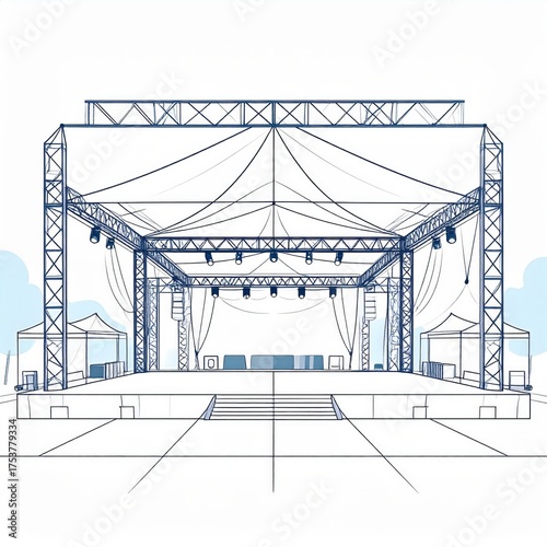 Architectural Stage Design with Blue Tones and Light Structures Against White Background