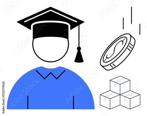 Graduate with cap symbolizing education, coin for investment, and blocks for growth. Ideal for financial aid, career planning, education funding, personal development, scholarships, success