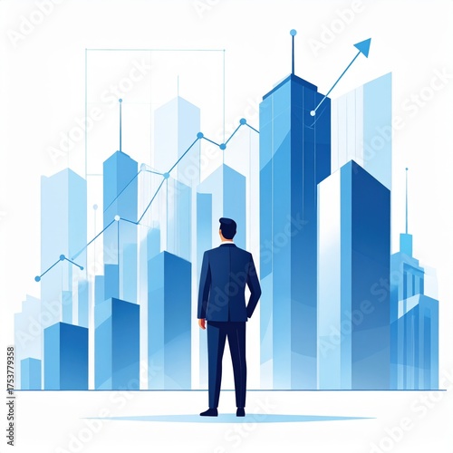 Businessman facing towards high rise buildings with financial graph representing business growth in blue color palette
