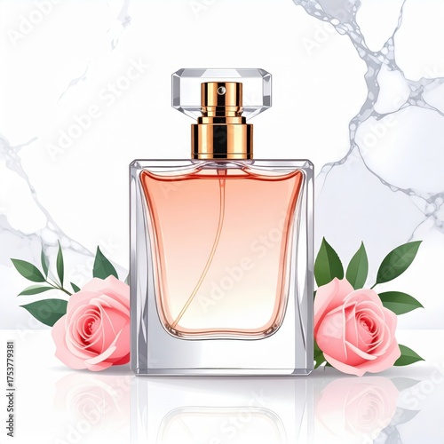 Elegant Perfume Bottle with Rose Accents on Marble Background with Light Reflection