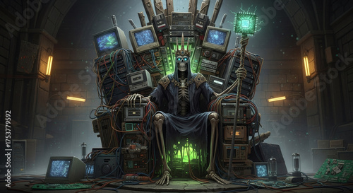 Skeleton king enthroned on a throne of old electronics and monitors