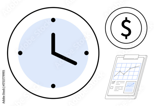 Analog clock emphasizes time, dollar icon highlights finance, clipboard shows performance chart. Ideal for productivity, finance, investment, time tracking, planning, business strategy simple flat