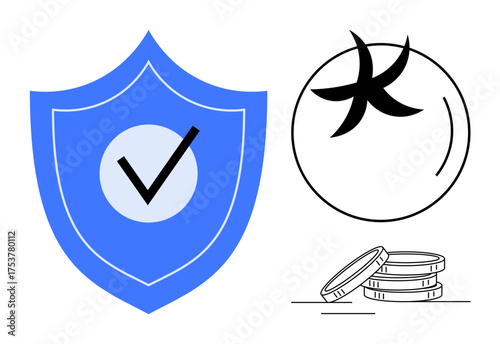 Blue shield with checkmark, stack of coins, round Pisces sign. Ideal for finance, insurance, astrology, protection, investment horoscope safety. Minimalist style with a simple flat metaphor