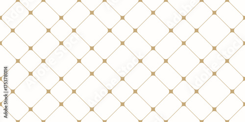 Golden minimalist vector seamless pattern with thin lines, nodes. Gold and white abstract lattice, grid, mesh, net. Luxury minimal background texture. Simple repeating design for decor, print, cover
