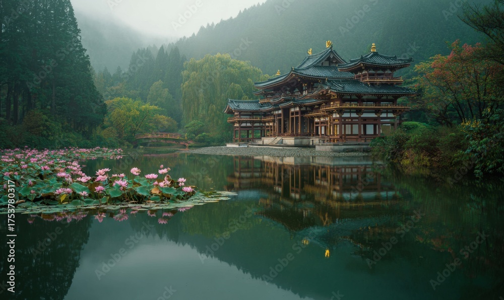Naklejka premium Serene Temple Reflection on Tranquil Lake Amidst Lush Greenery.