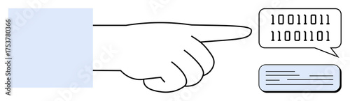 Hand directing toward binary code in a speech bubble, symbolizing coding, data communication, and programming. Ideal for technology, cybersecurity, AI, education, instruction digital systems