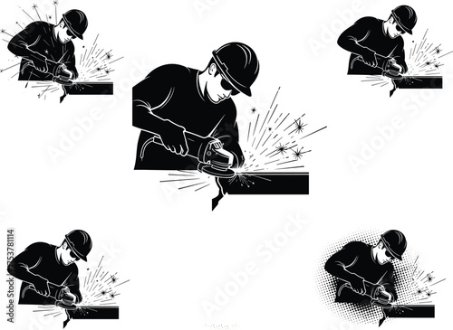 Industrial worker using angle grinder, metal cutting sparks, construction safety gear, hard hat, protective glasses, heavy machinery, welding workshop, fabrication process