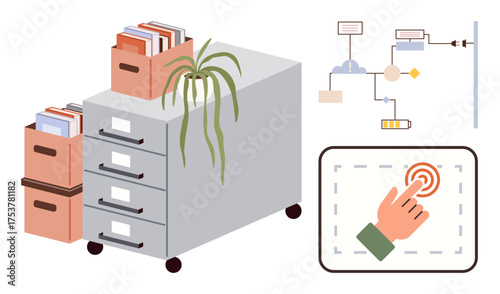 Filing cabinet with documents and plant, flowchart with steps and nodes, touchscreen button. Ideal for workflow, organization, technology, data processing, management, storage simple flat metaphor