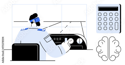 Pilot managing controls and monitoring navigation systems adjacent calculator and brain represent calculation and cognition. Ideal for aviation, technology, decision-making, computation, analysis