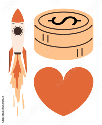 Rocket launches beside money coin and heart, representing innovation, financial growth, and emotional motivation. Ideal for success, startup, strategy, love fulfillment investment ambition. Simple