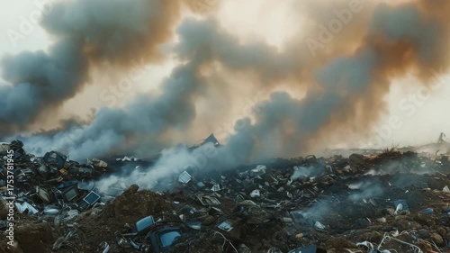 Flames consume a trash heap, emitting thick smoke in this dramatic scene.