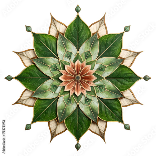 Intricate botanical mandala design with green leaves and floral center.