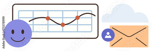 happy emotion beside data graph with trendline, cloud element, and email envelope. Ideal for data analysis, communication, email marketing, user feedback, cloud storage, teamwork simple flat