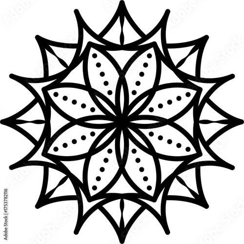 Intricate Black And White Mandala Design With Geometric Petals And Dot Details On Transparent Background