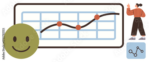 Chart illustrating progress with upward trend, happy face for success, woman pointing at chart, and connection icon. Ideal for success, growth, analysis, progress, positivity business education