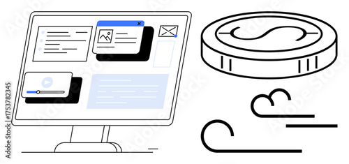 Desktop screen displaying media, messaging, and file windows next to a floating coin and motion lines. Ideal for finance, digital tools, business, creativity, innovation, communication technology