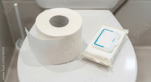 Toilet paper and wet wipes on toilet lid bathroom hygiene