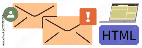 Two envelopes with user and alert icons, HTML coding, and laptop interface. Ideal for email alert, web design, communication, notification system, coding workflow, user interaction simple flat