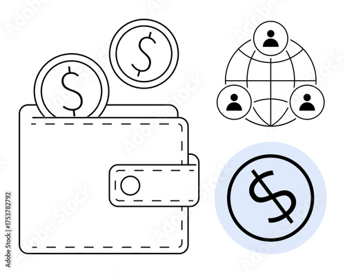 Wallet with coins, dollar sign, and global network with people. Ideal for finance, e-commerce, digital payments, saving, investment crowdfunding global trade. Simple flat metaphor