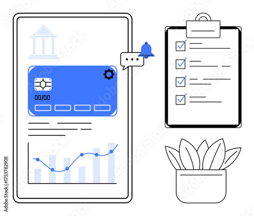 Mobile screen displaying financial app, card, chart, notifications clipboard checklist potted plant. Ideal for fintech, productivity, organization, goal setting, planning analytics and finance