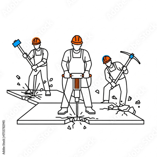 Road workers using jackhammer and pickaxe to break concrete, construction team in safety helmets, flat line vector illustration on white background
