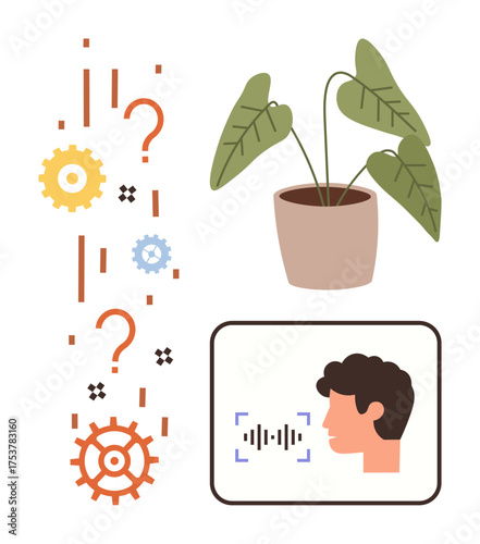 Potted plant, question marks, gears, and face with sound wave promote connection, communication, and technology. Ideal for innovation, sustainability, growth AI creativity problem-solving simple