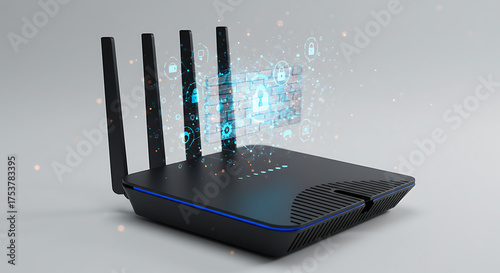 Smart home router glowing with firewall hologram