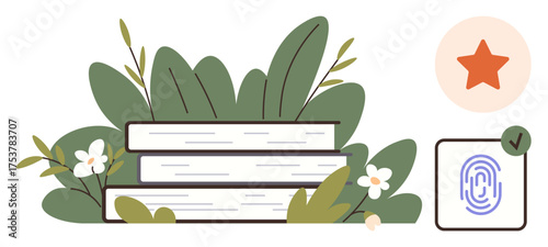 Books stacked surrounded by plants, simple fingerprint icon with checkmark, and orange star. Ideal for education, security, nature, eco-awareness, certification learning sustainability. Simple flat