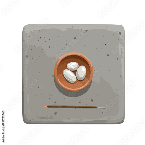 A serene still life featuring a bowl of white stones and an incense stick on a grey surface.