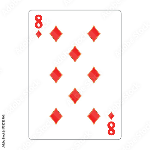 Eight of diamonds. Playing card with golden elements. Casino icons. Pictograms representing different suits. Vector illustration. Flat design for modern visual elements.