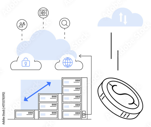 Data servers connected to cloud with arrows, icons for security, user, search, and globe. Coin signifies financial flow. Ideal for technology, finance, security data connectivity global access
