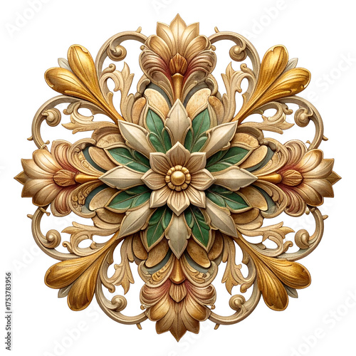 Intricate golden floral motif adorns a dark background.