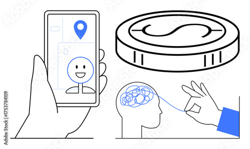 Hand holding smartphone with geotag, smiling avatar, coin, and hand unraveling tangled brain. Ideal for mental health, creativity, navigation, innovation technology simplicity self-growth. Simple