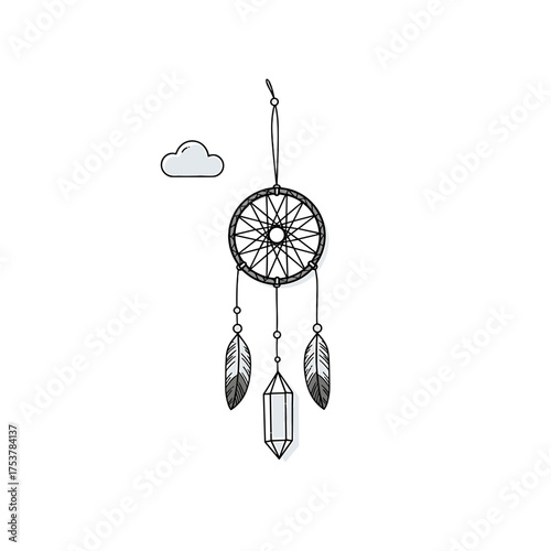 Dreamcatcher with Feathers and Crystal Hanging Near a Cloud.
