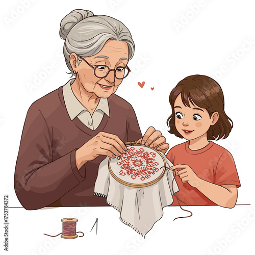 Grandmother and Granddaughter Embroidering Together with Love.
