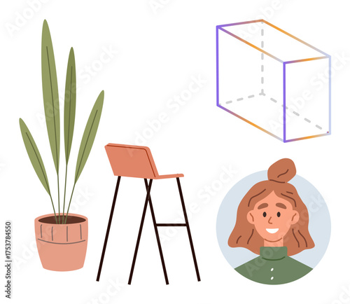 Indoor plant in pot, sleek bar stool, isometric cube, and cheerful woman s portrait. Ideal for modern living, workspace creativity, interior decor, self-representation, minimalism geometry simple