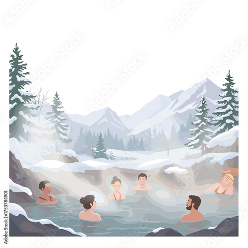 People Relaxing in a Snowy Mountain Hot Spring.