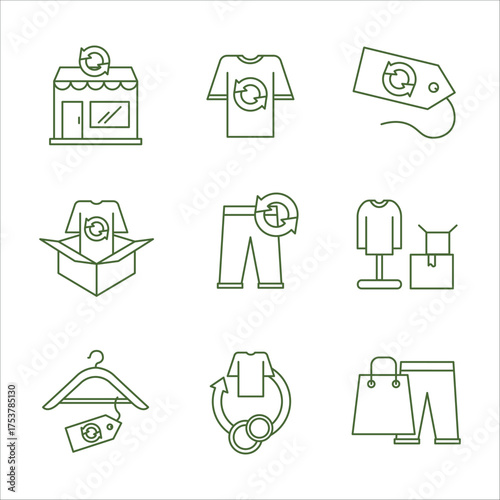 Thrifted clothes line icon set, second hand fashion store symbols isolated on white background, recycling clothing pictograms
