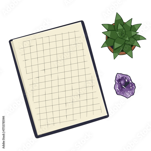 Workspace Still Life with Grid Paper Succulent and Amethyst.