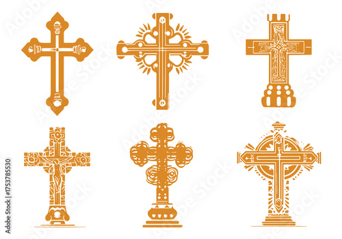 collection six decorative golden crosses in vector silhouette style, featuring intricate designs and patterns. Each cross offers unique artistic flair, ideal for crafts and graphic projects