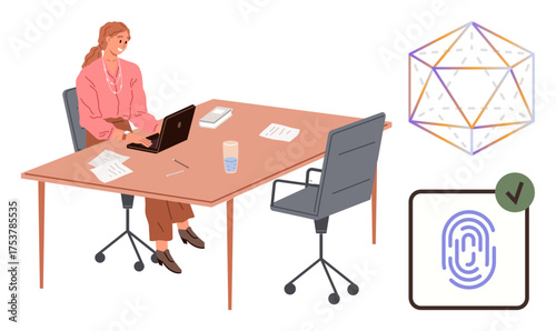 Woman typing on laptop at wooden desk surrounded by papers, glass of water, and chair. Accompanied by geometric shape and verified fingerprint. Ideal for workplace, technology, security, identity