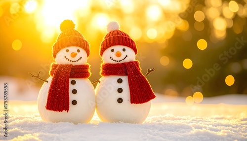 Dos muñecos de nieve con bufandas rojas al atardecer, escena navideña cálida y alegre