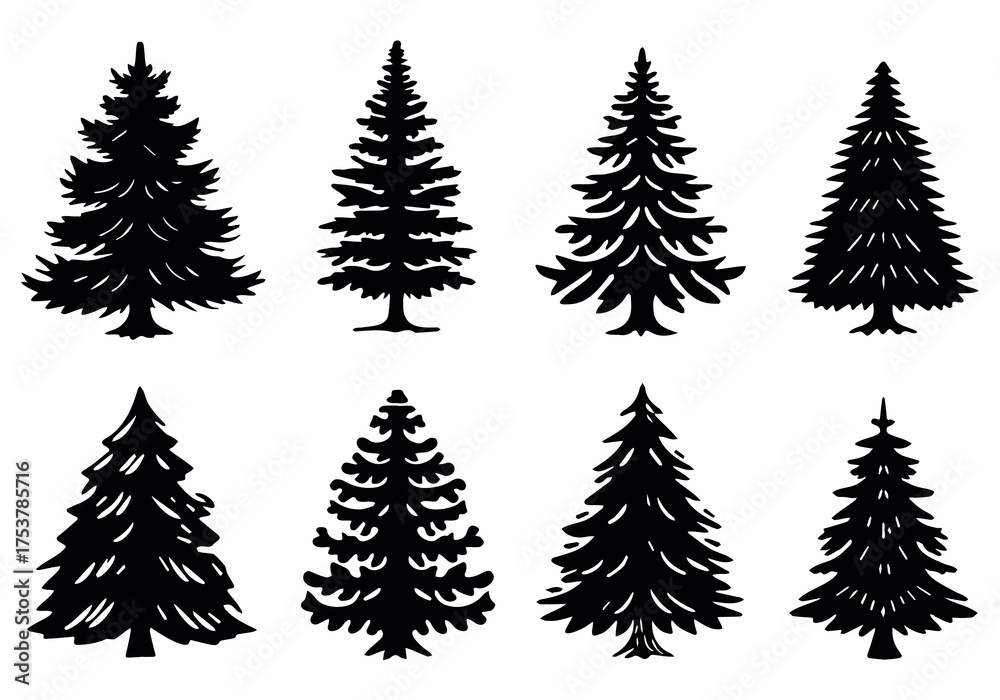 Obraz premium Set of flat black silhouettes of pine and fir trees on white background, representing winter, nature, minimal forest design, ideal for Christmas graphics, holiday cards and eco illustrations