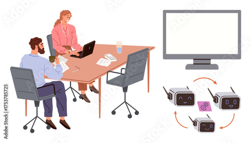 Professionals collaborate at a meeting table with a laptop and monitor, exploring ideas on AI processes, symbolized by a robot workflow diagram. Ideal for teamwork, tech learning, AI progress