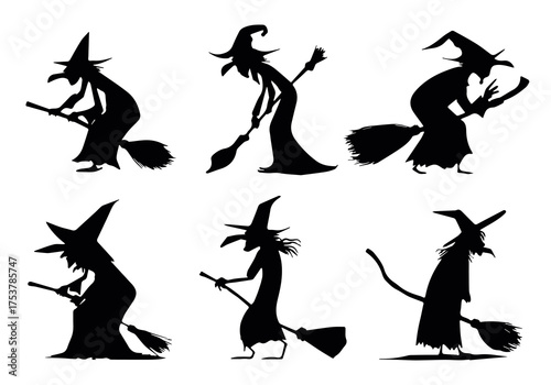 set of six black unique witch silhouettes engaged in playful activities. Each witch is depicted in different poses, wielding brooms and showcasing their enchanting character on white backdrop